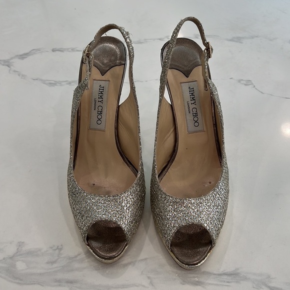 JIMMY CHOO SILVER SEQUIN EVENING PLATFORM SLINGBACK OPEN TOE HEELS SIZE 40 (9) - Picture 5 of 12